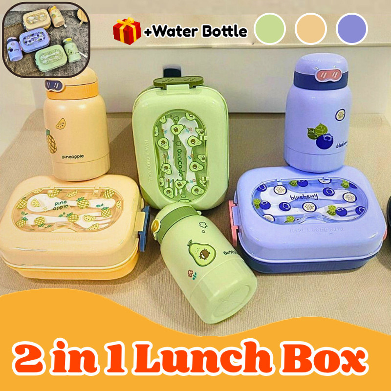 2in1 Kids Lunch Box Set with Water Bottle Portable Double layered bento ...