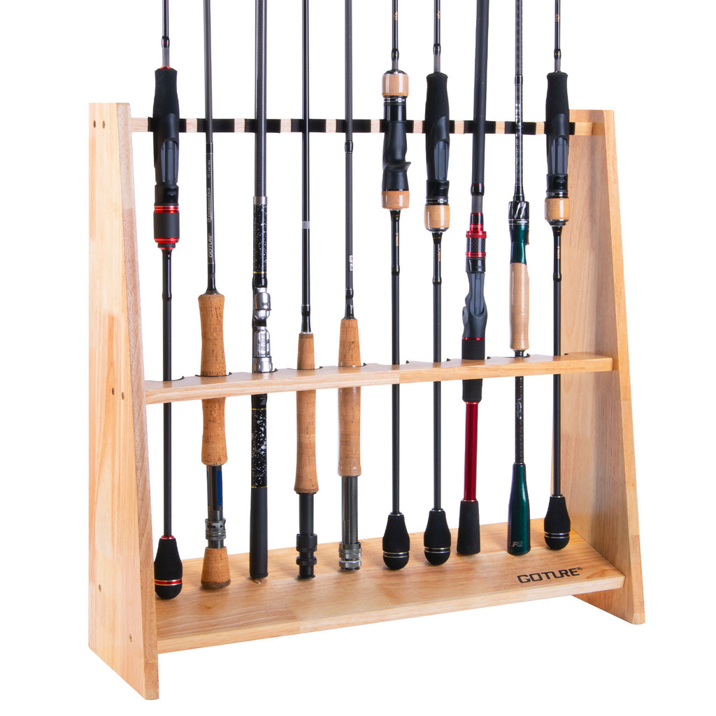 GOTURE 10 Slots Fishing Rods Holder Wood Display Rack Stand Rod ...