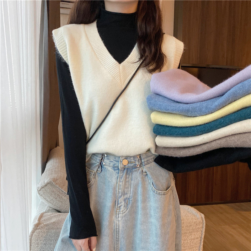 Autumn New Style Solid Color vNeck Vest Women Outer Wear Fashion Loose