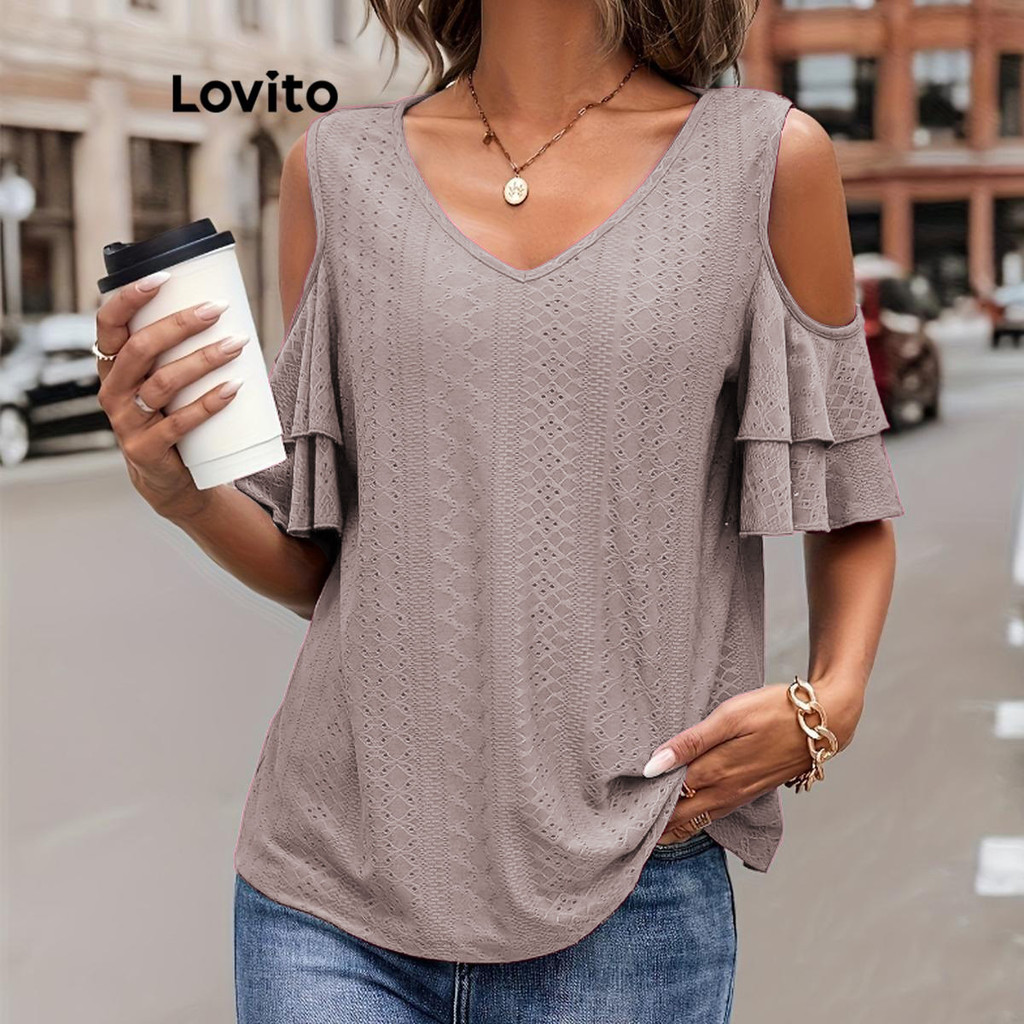 Lovito Women Elegant Plain Cold Shoulder Double Layer Blouse LNL75411