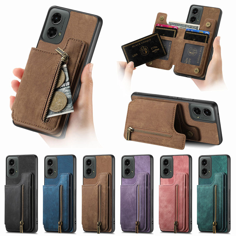 Retro Wallet Case Motorola Moto Edge 50 X50 Pro Ultra G Power Stylus Play  E30 E40 E20 5G 4G 2024 Zipper Storage Card Holders Matte Phone Cover