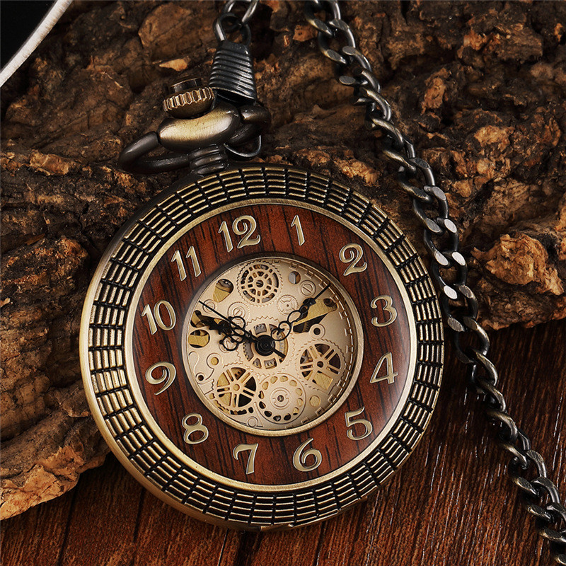 Men's HandWind Mechanical Pocket Watch Vintage Steampunk Wood Grain