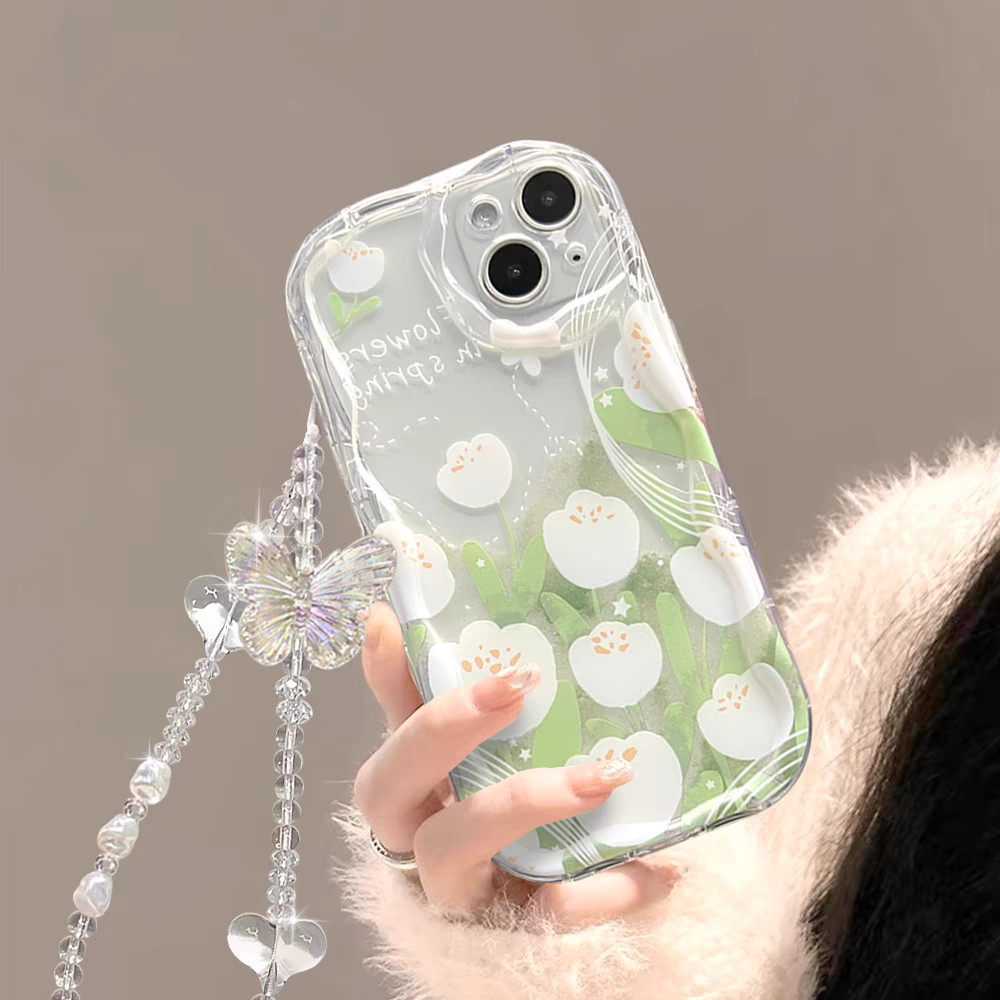 iPhone 16 15 14 13 12 11 PRO MAX XR XS X 8 7 6 6S PLUS clear quakeproof aesthetic White tulip & Butterfly phone case GNCNY_voghion.com