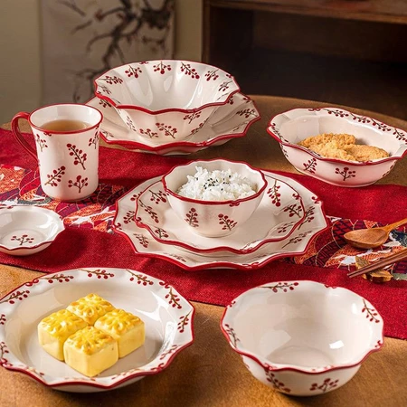 Kitchen Plus Elegant Christmas Themed Cherry Floral Dinnerware Plate Set