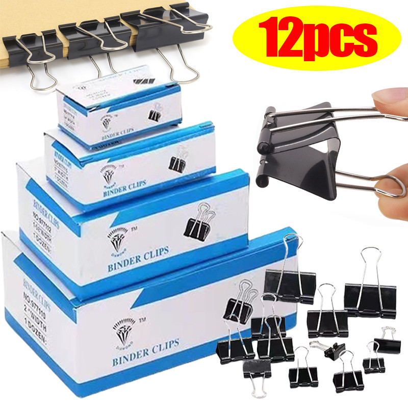 12pcs Black Metal Binder Clips - Paper Clamps Clips - School Office ...