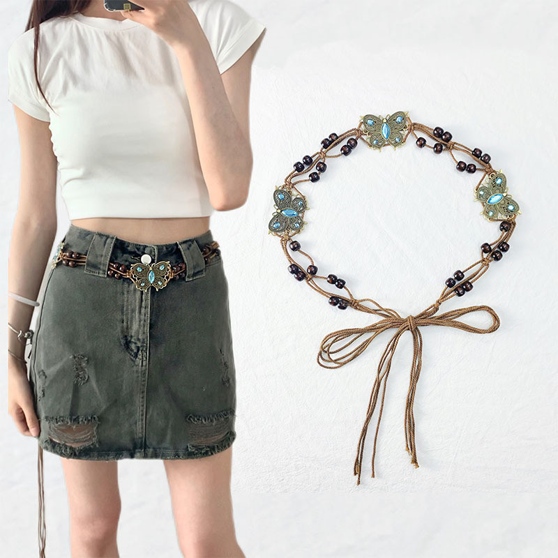 Bohemian Ethnic Style Belts Wooden Bead Waist Rope All-match Y2K Wax ...