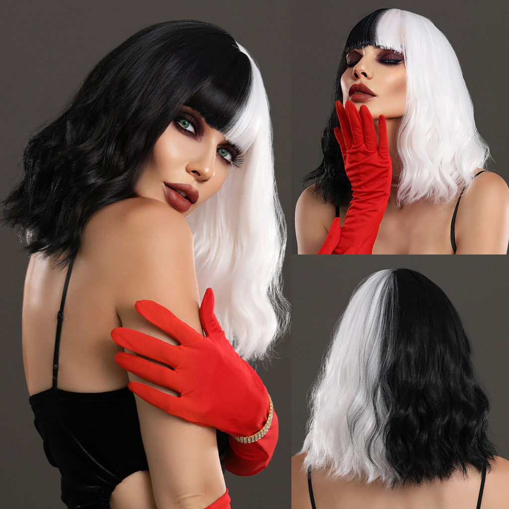 Halloween Cosplay Wig Synthetic Hair Wig Black with White Natural Bob ...