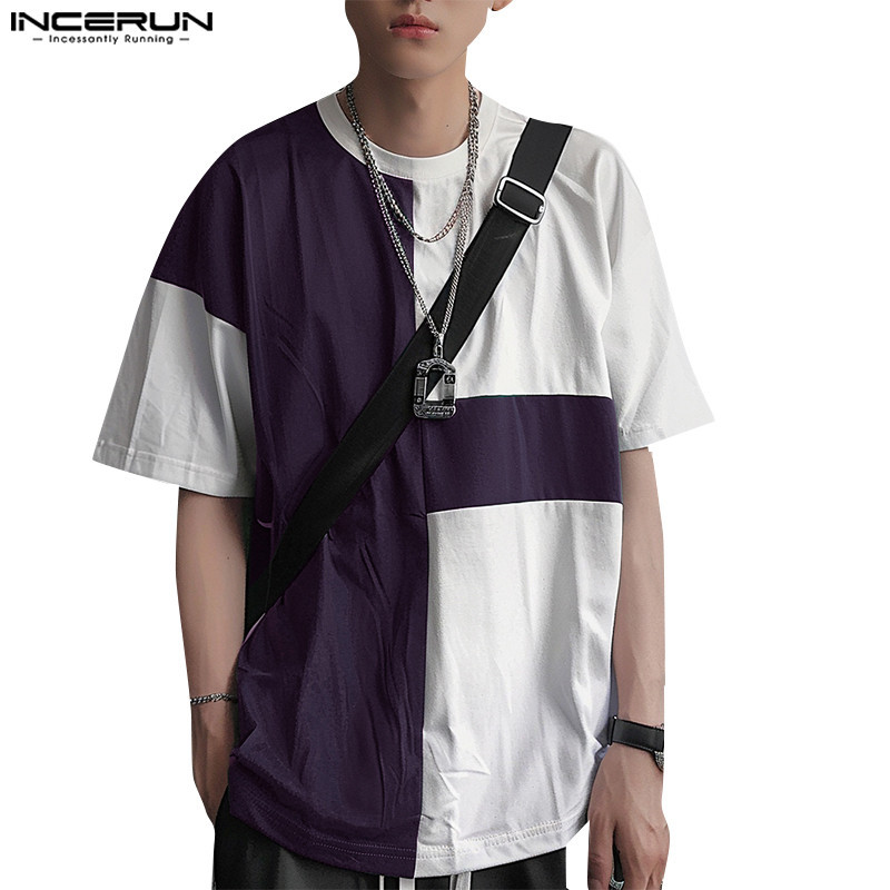 INCERUN Men's Color blocked Splicing Ribbon Round Neck Short Sleeve T ...