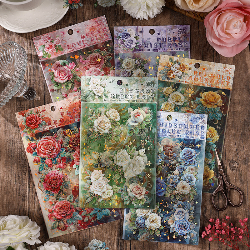 4 Sheets Bronzing Rose Bloom Series Stickers Romantic Decorative DIY ...