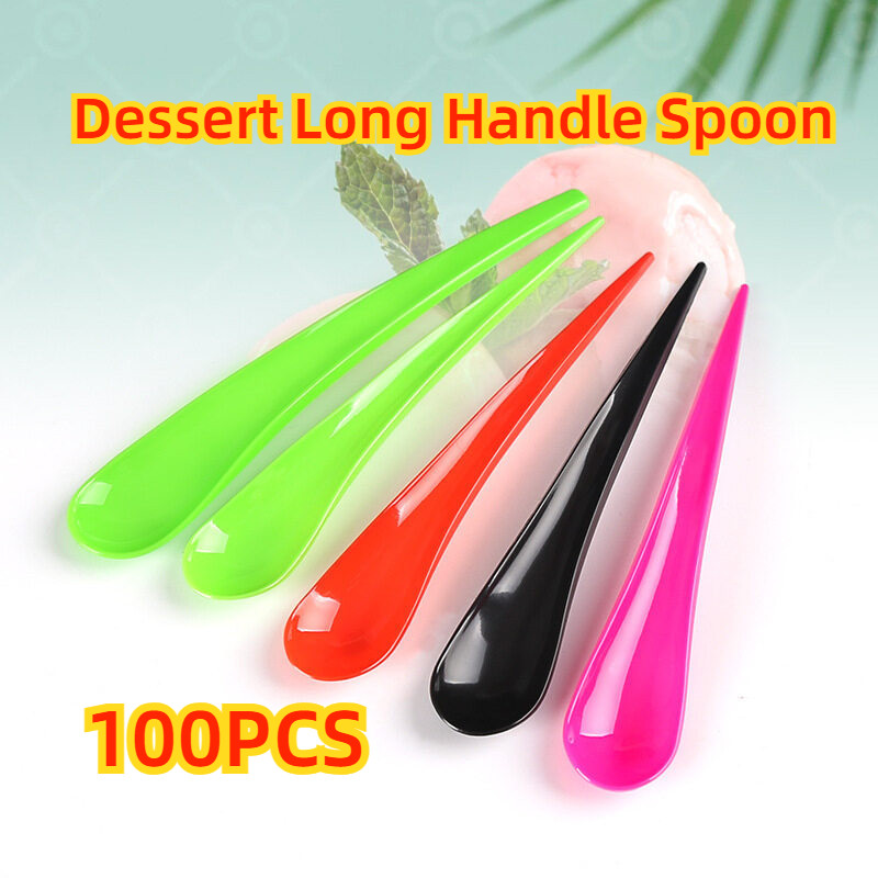 100PCS/PACK Disposable Dessert Long Handle Spoon Dessert Water Drop ...