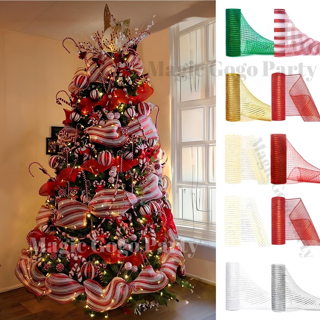 26cm*10Yards Christmas Mesh Ribbon Red and White Stripe Metallic Mesh ...