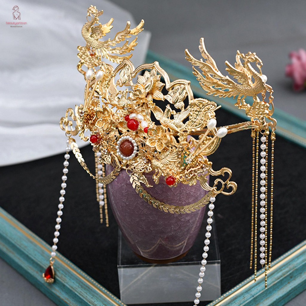 Chinese Feng Huang Hair Crown Hairpin Pearls Decor Artificial Crystal ...