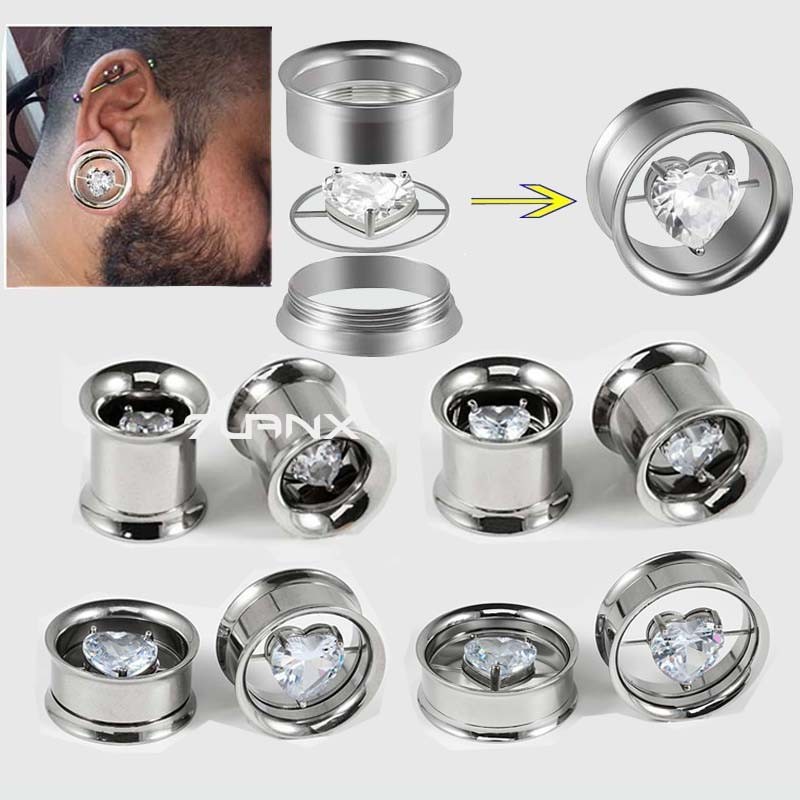 2 Piece Heart Shape Stainless Steel with Zircon Internally Thread Plug ...