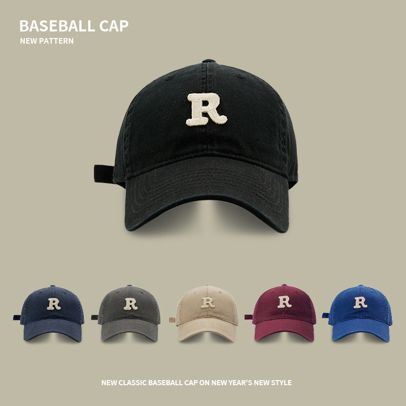R letter embroidered soft top baseball cap in various colors Korean ...