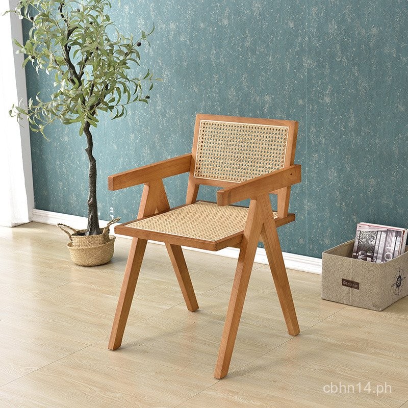 Rattan Wabi-Sabi Style Dining Chair Home Use Solid Wood Backrest ...