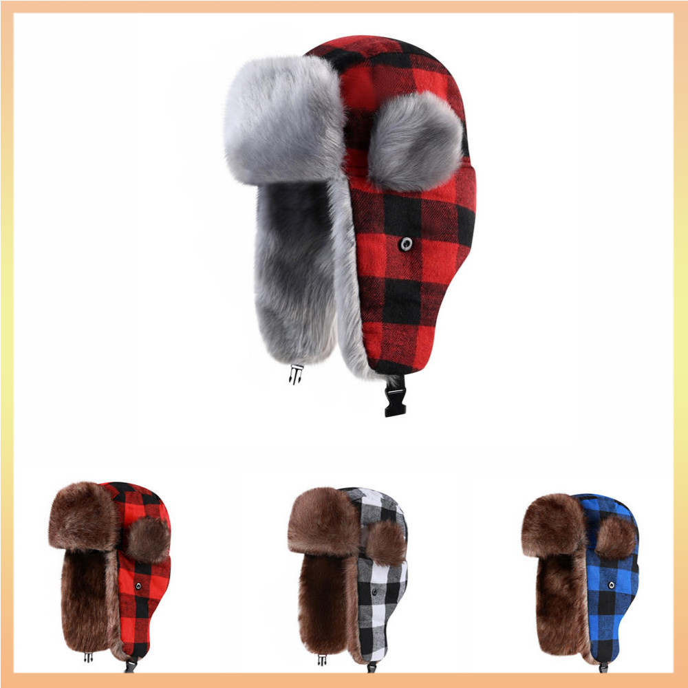 Winter Bomber Hats Plaid Windproof Fur Thicken Trapper Hat Russian ...