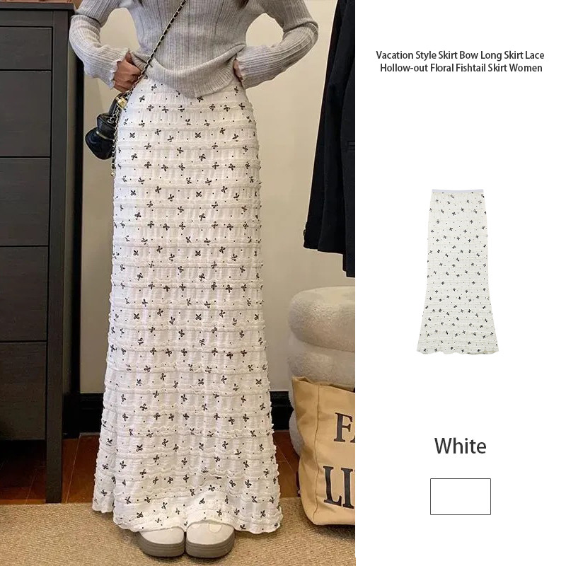 Women Korean Summer New Skirt Bow Long Skirt Lace Hollow-out Fishtail Skirt  Floral Skirt SR