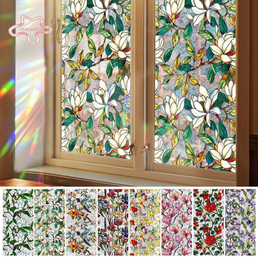 [PINK] Flower Window Privacy Film Double-sided Stained Glass Rainbow ...
