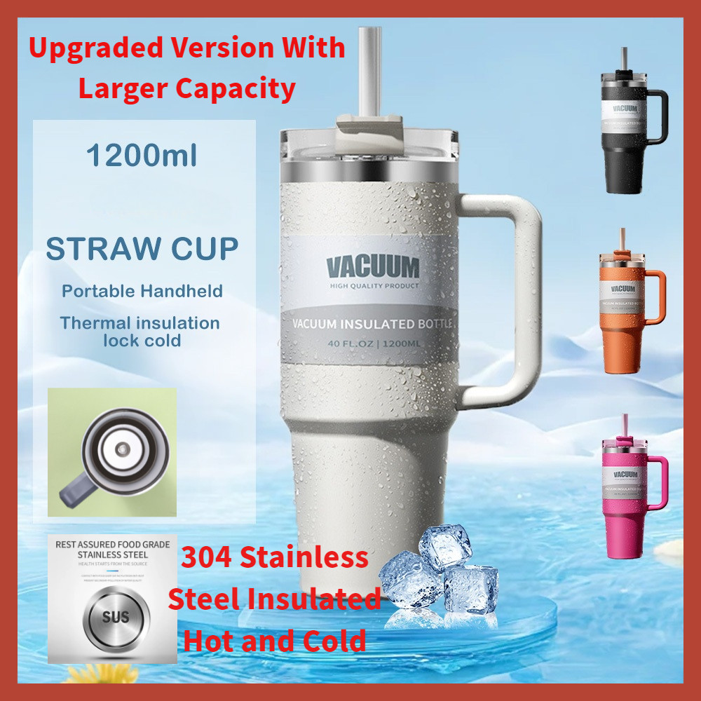 1200ml Straw Tumbler with Handle Insulated Double Wall Vacuum Flask Cup