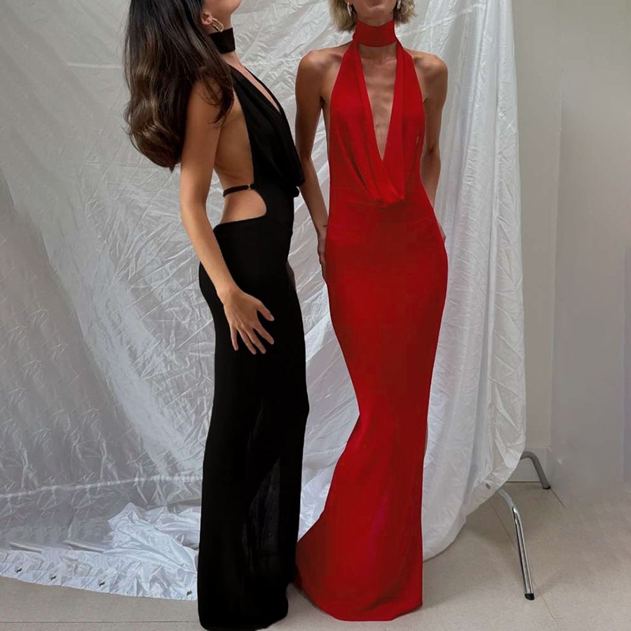 Kliou Hollow Halter Dress Women Low-Neck Backless Sexy Sleeveless Slits ...