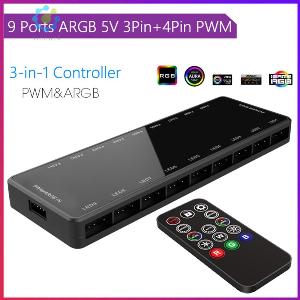 1 to 9 Hub Remote Control 5V 3Pin ARGB Cooling Fan 4Pin PWM Splitter ...