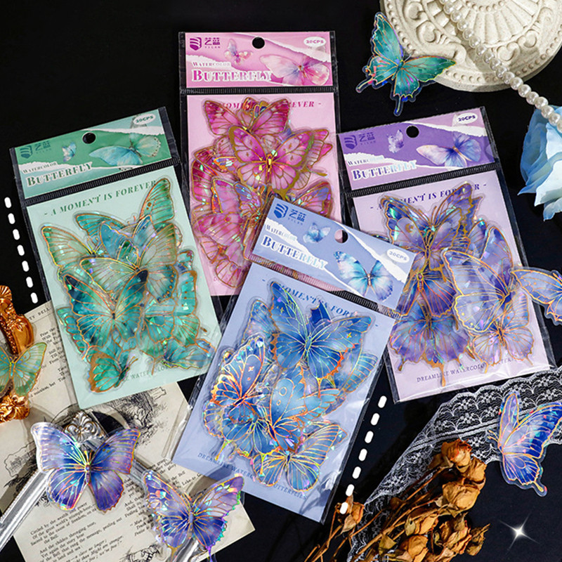 20 Pcs Beautiful Water Color Butterfly Series Bronzing Stickers ...