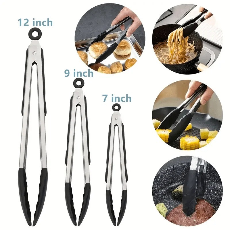 Food Tong Stainless Steel Kitchen Tongs Silicone Nylon Non-Slip Cooking ...