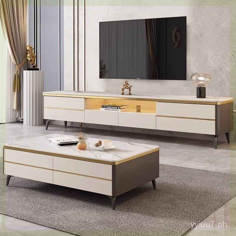 All Solid Wood Coffee Table TV Cabinet Set with Rock Slab Modern Simple ...