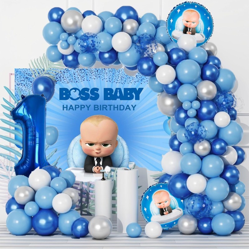 110Pcs Boss Baby Blue Balloons Garland Arch Kit Blue Sliver Confetti ...