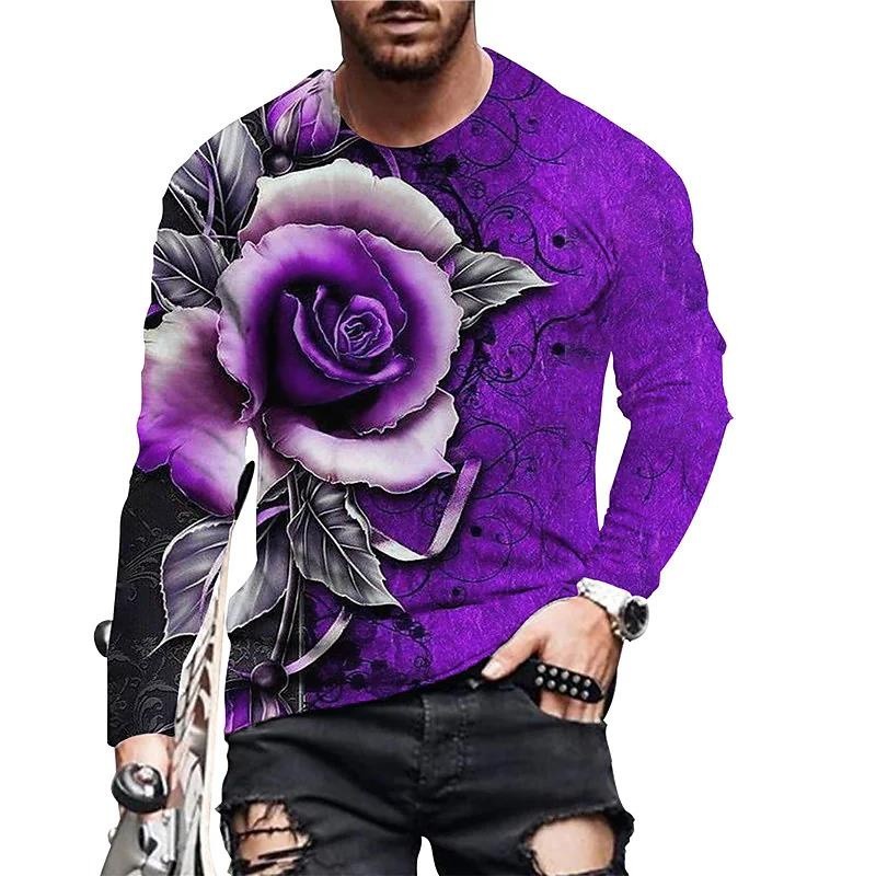 Men's 3D rose print long sleeved T-shirt, round neck casual loose ...