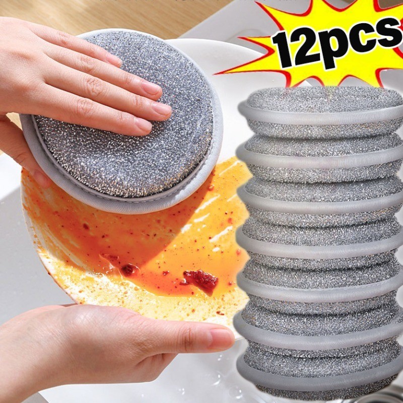 12PCS Double-side Silver Wire Cleaning Sponges Round Dishwashing ...