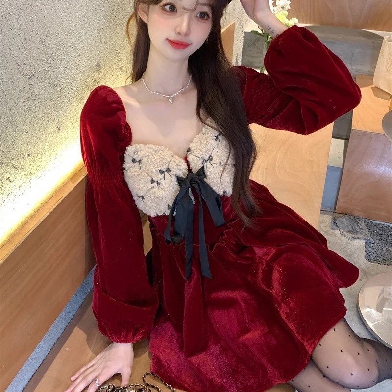 Papinas--Korean Christmas goddess New Year's red temperament dress | Shopee  Philippines