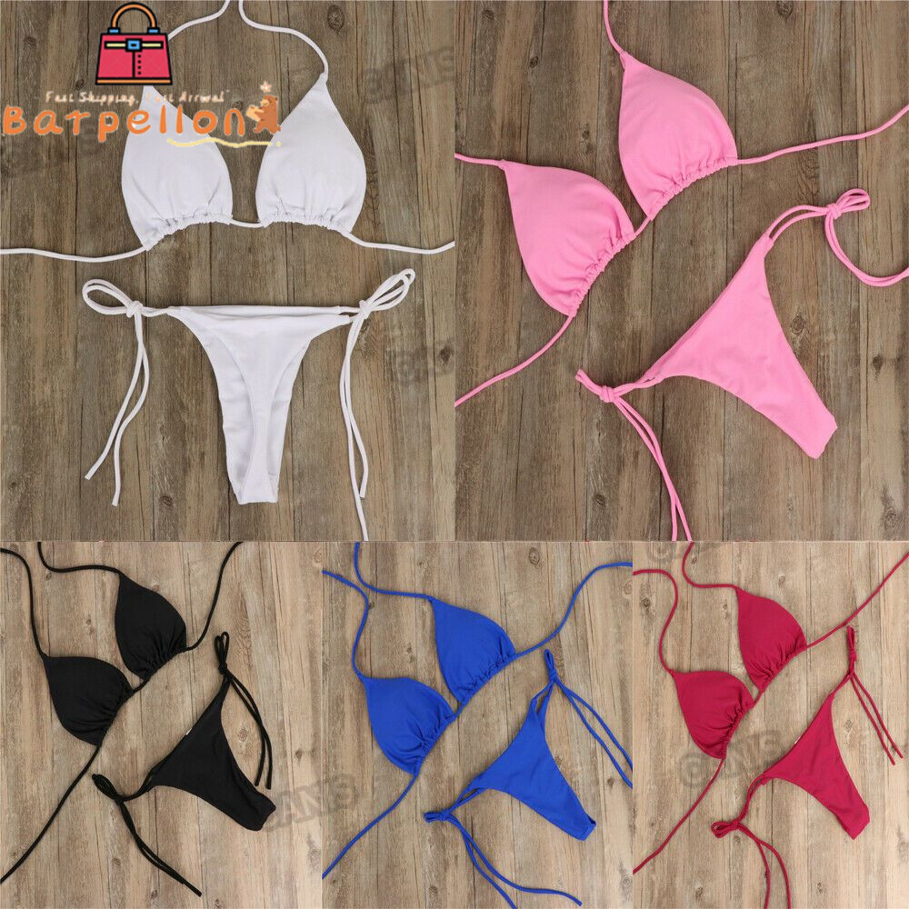 BARPELLON Bikini Set Adjustable Solid Color G-string Thong Side Tie ...