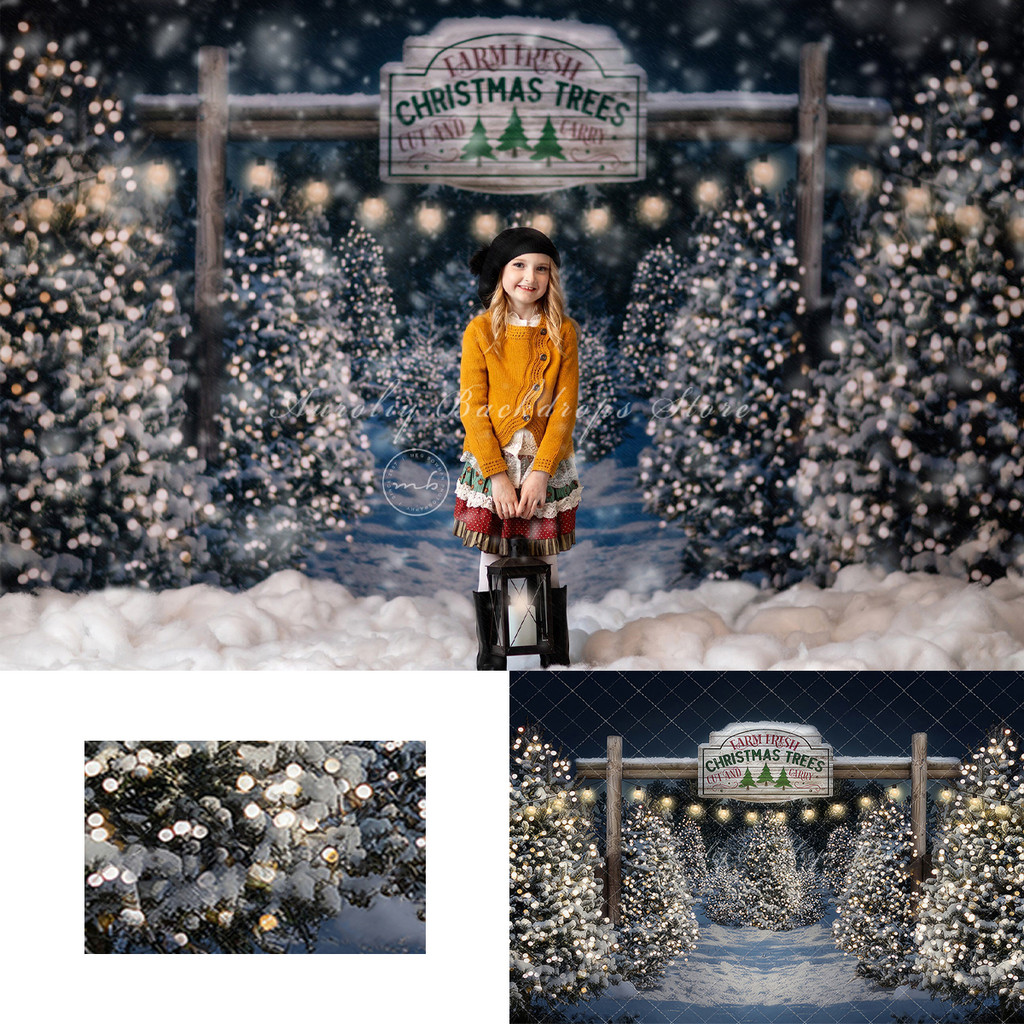 Evening Snowy Tree Farm Backgrounds Adult Family Photography Props ...