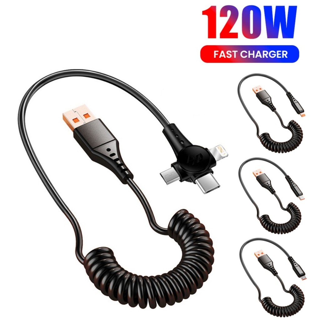 120W 3-in-1 Super Fast Charging Spring Telescopic Data Cable Flash ...