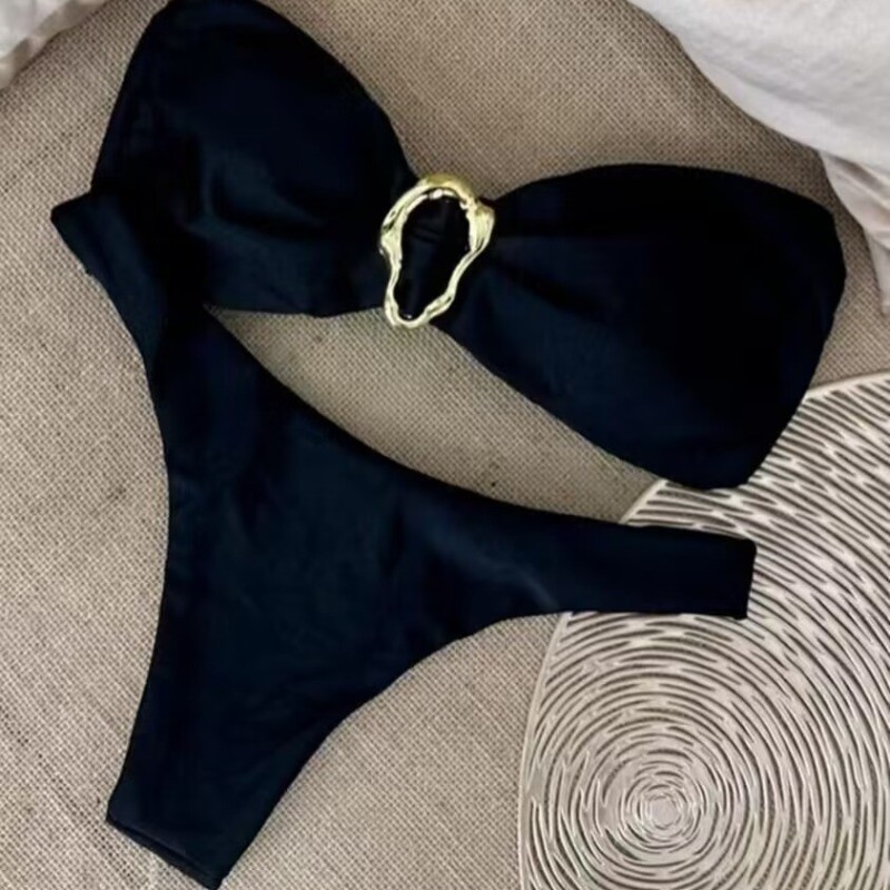 Bikini Swimsuit Tube Top Split Lace Up Solid Color Lace Bikini Swimsuit