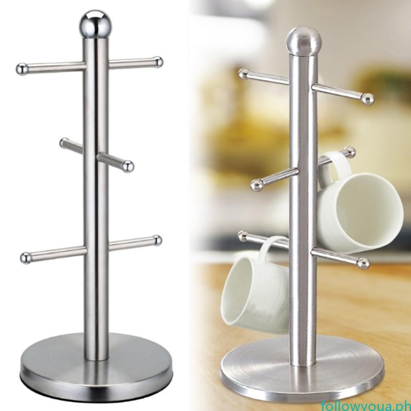 fol 6 Mug Tree Kitchen Roll Holder Stainless Steel Rack Organizer Stand ...