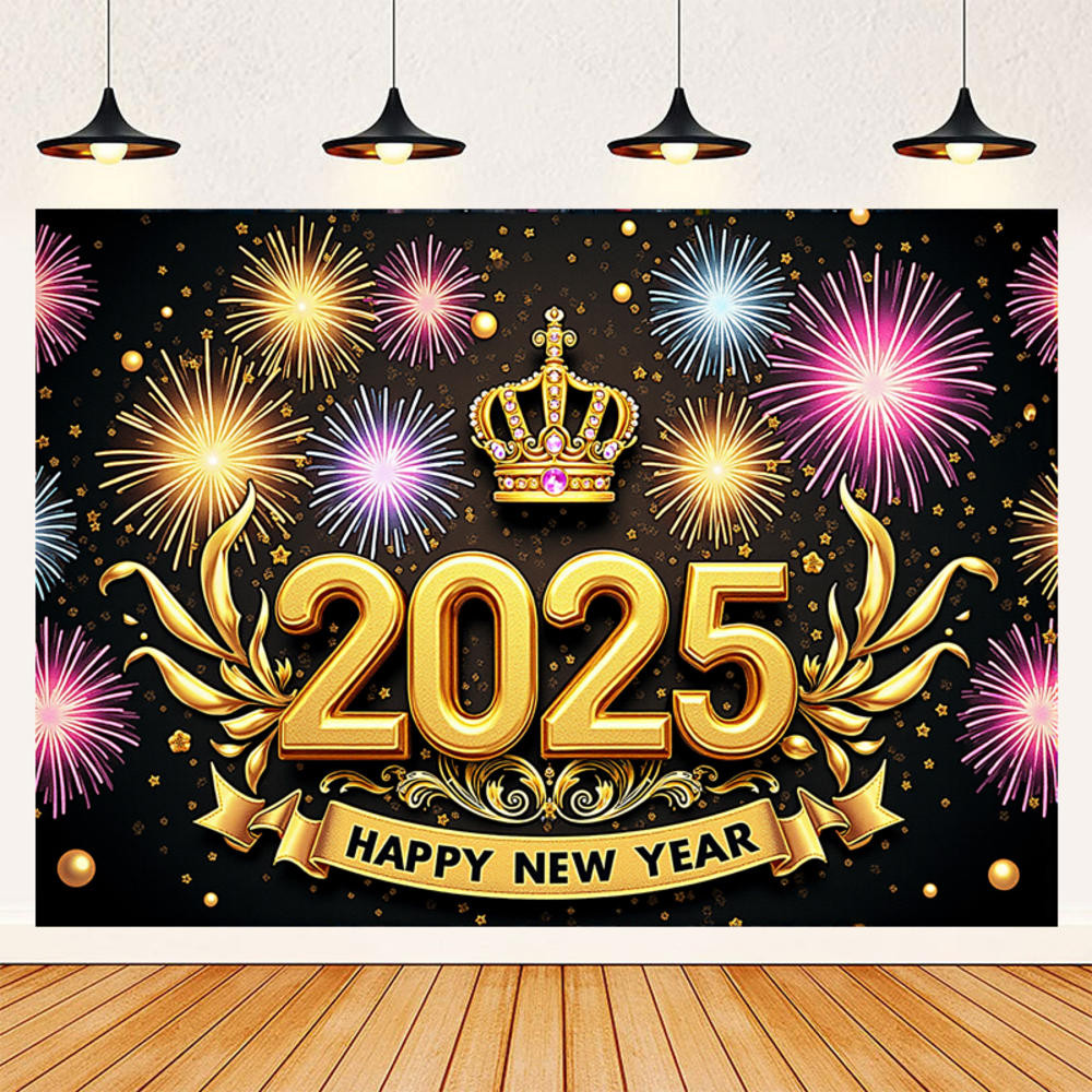 Happy New Year Backdrop 2025 New Year Party Decorations Banner Black ...