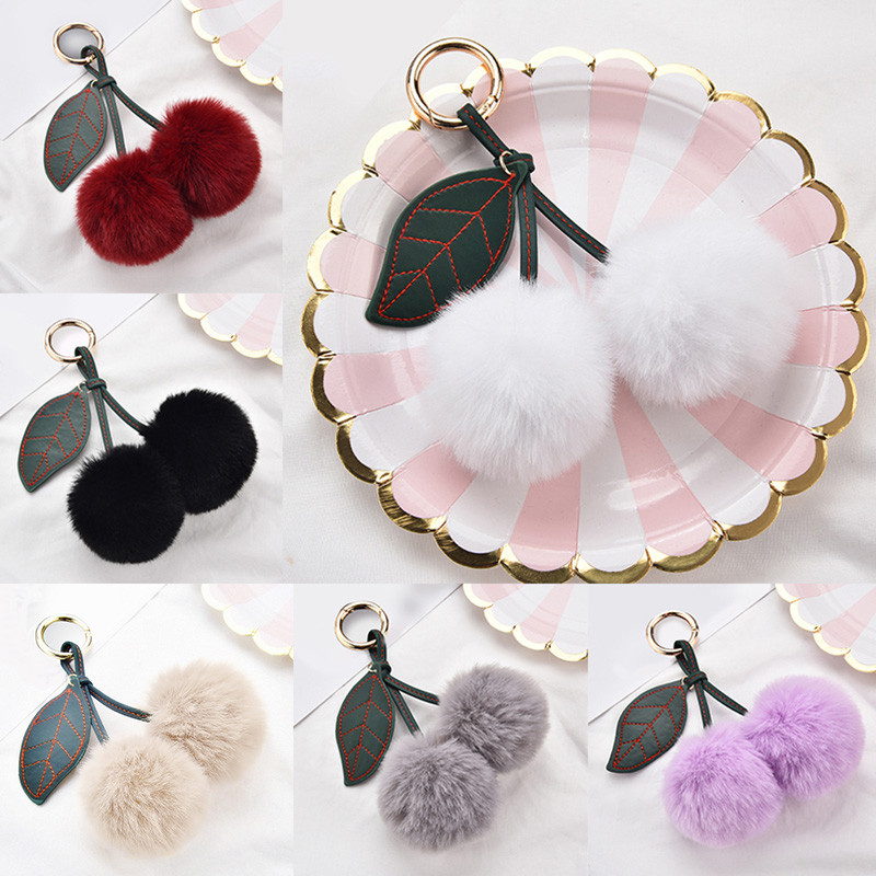 Fashion Fluffy Artificial Rabbit Fur Ball Pompom Leaf Keychain Cherry ...