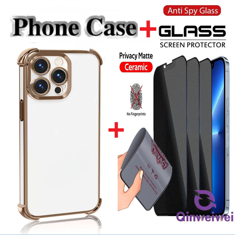 2in1 Luxury Shell Casing+Ceramic Anti Spy Tempered Glass Film for IPhone 16  15 11 X Xr Xs Pro Max Plus TPU Anti Drop Soft Phone Case Protective 