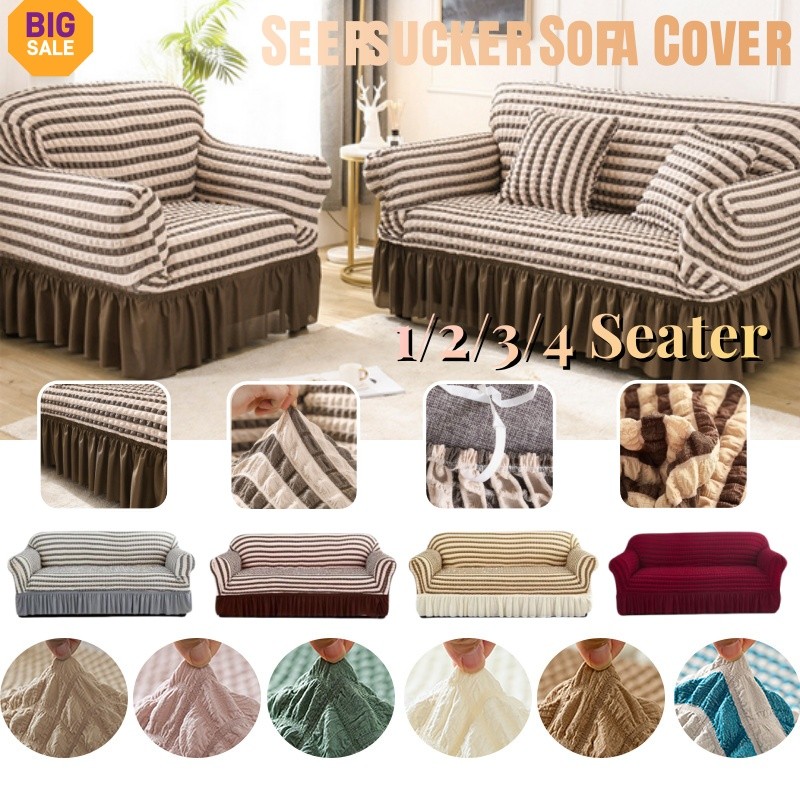 Sofa Cover Stretchable Sofa Protector Elastic Seersucker Skirt Stripe ...