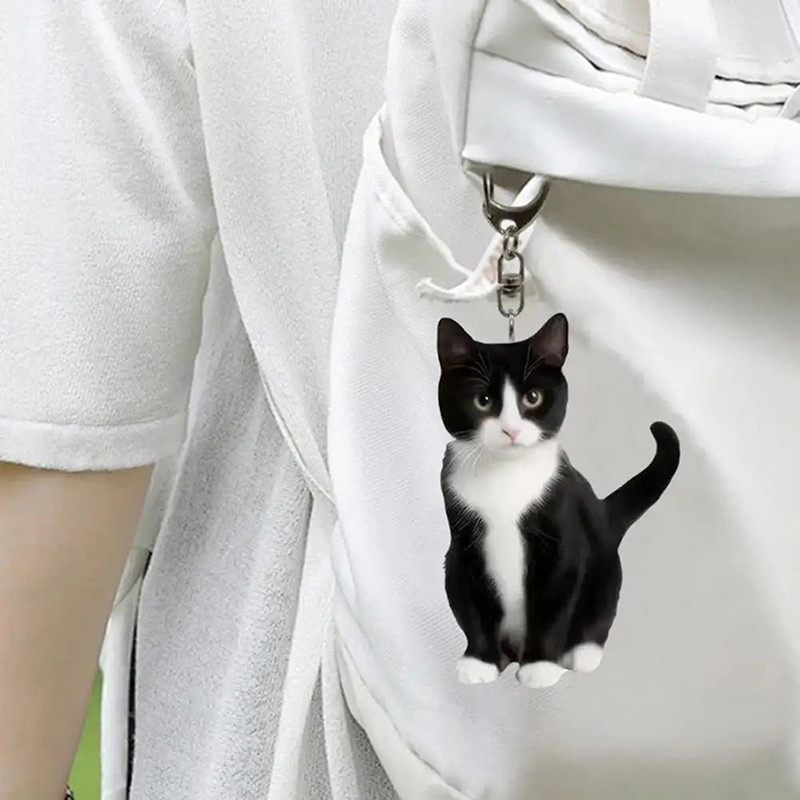 Marbit 1pcBlack And White Cat Keychain, 2D Acrylic Cat Pendant,Double ...