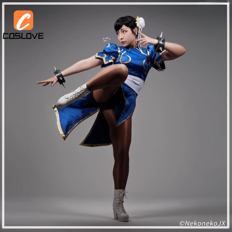 Game Chunli Cosplay Clothing Classic Style Blue Cheongsam Dress Street ...