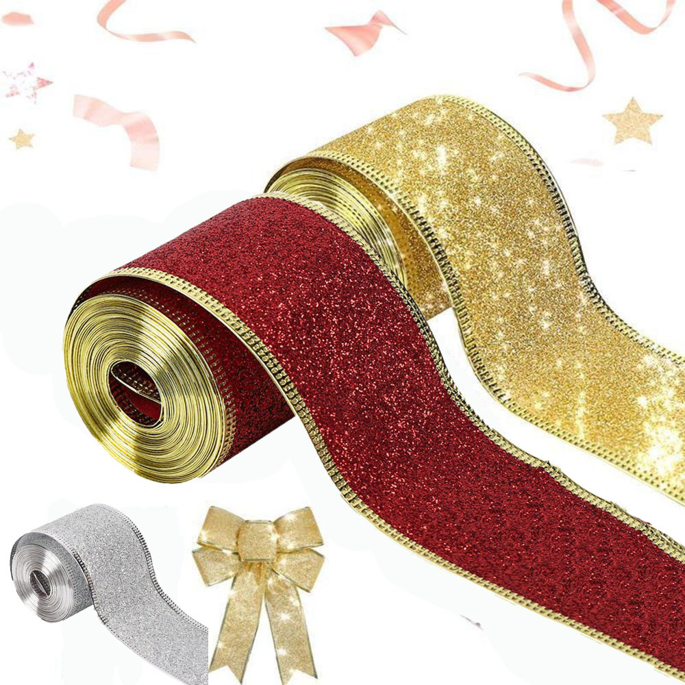 1Roll 10yd 50mm Christmas Ribbon Wired Edge Glitter Ribbon for Gift ...