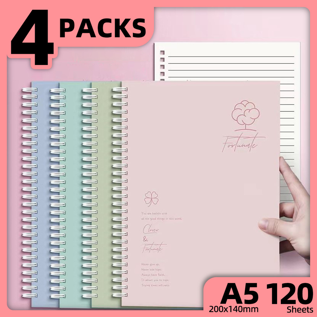 4Pcs A5 60Sheets Double Coil Design Notebook Simple Art Style Spiral ...