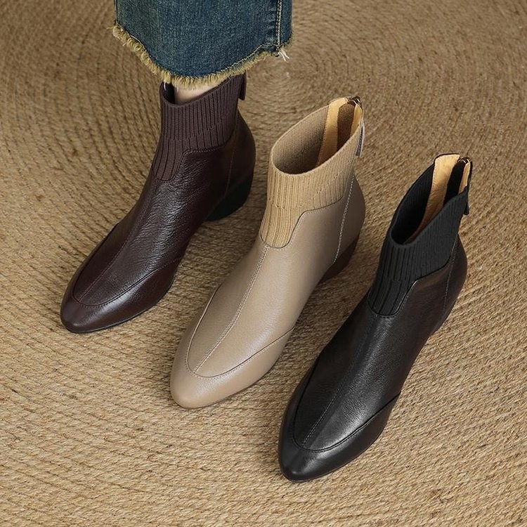 TDD Women's Vintage Blue Ankle Boots - Pointed Toe Chunky Heel Faux Suede Booties