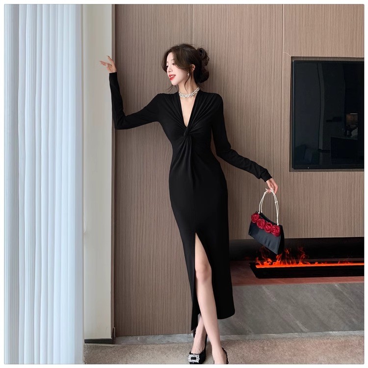 black dress shopee elegant korean black long dress for woman sexy party fitted dress with long  sleeves cocktail dress