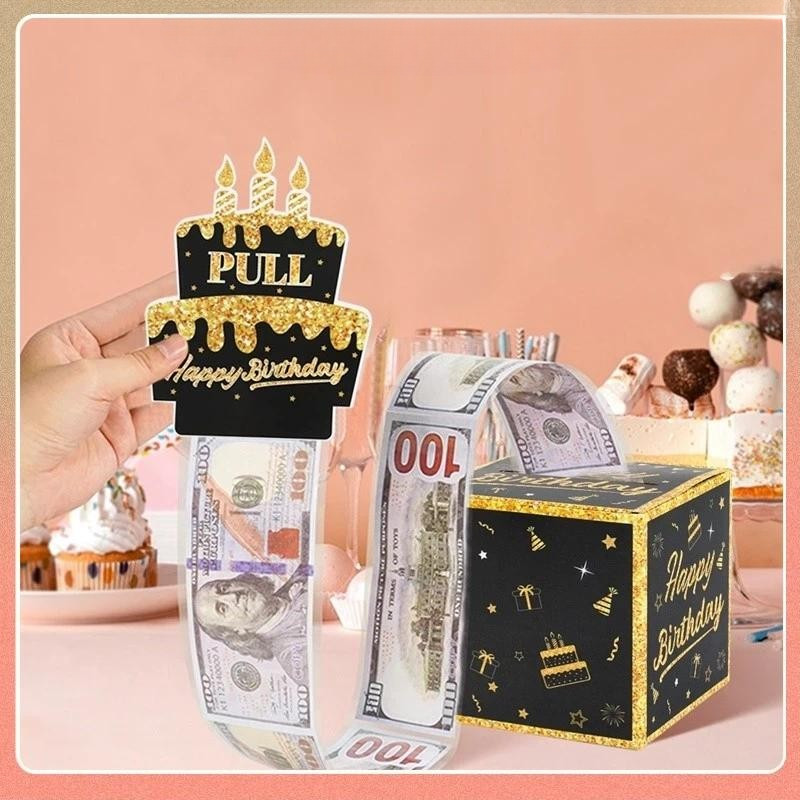 Surprise Birthday Money Pull Out Gift Box Black Gold Butterfly Party ...