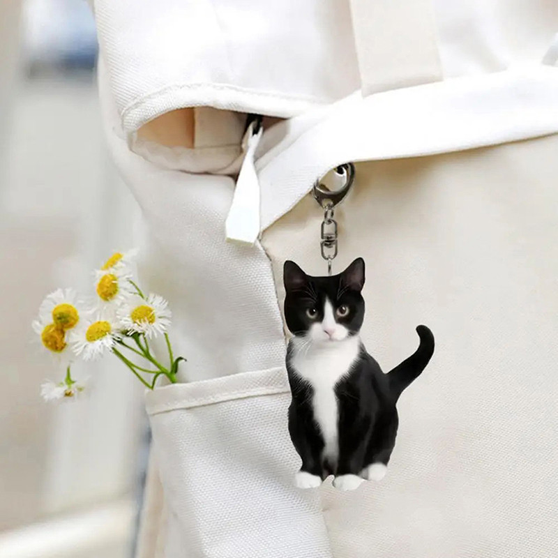 Marbit 1pcBlack And White Cat Keychain, 2D Acrylic Cat Pendant,Double ...