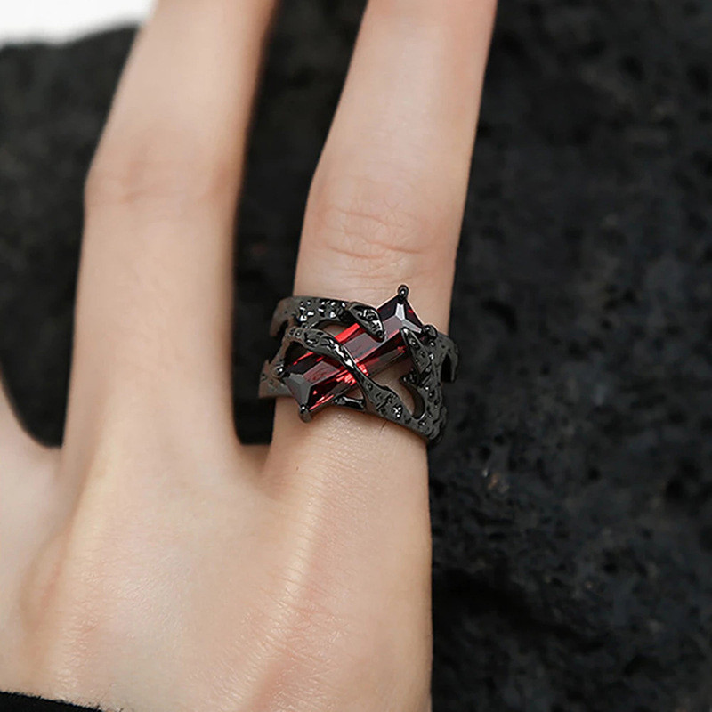MERAH Retro Red Geometric Ring Genuine Design Hollow Texture Metal Ring ...